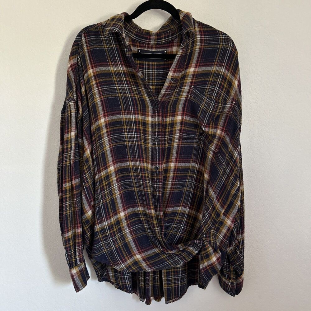 We The Free People Shirt Blue Plaid Crossed Front Button-Up Shacket Boho Sz S